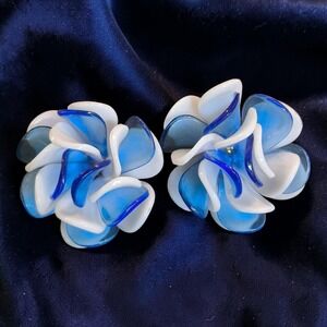 Vintage West Germany Blue White Lucite Flower Clip On Earrings